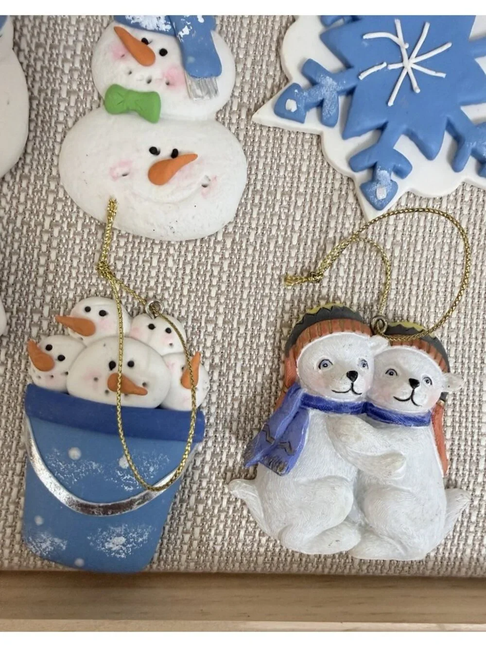 Lot of 8 Snowman Ornaments Resin Plaster Blue & White